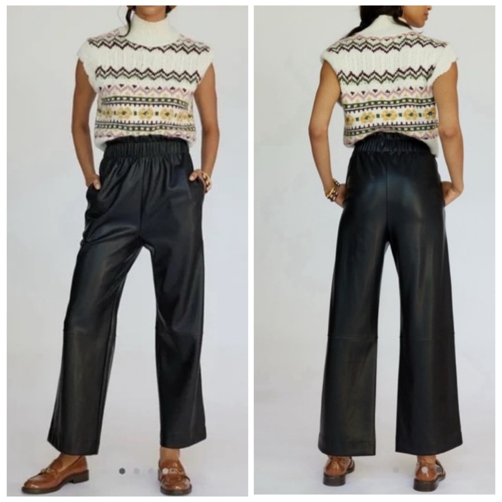 Anthropologie Avec Les Filles Vegan Faux Leather Black Stretch Wide Leg Pant Lg‎